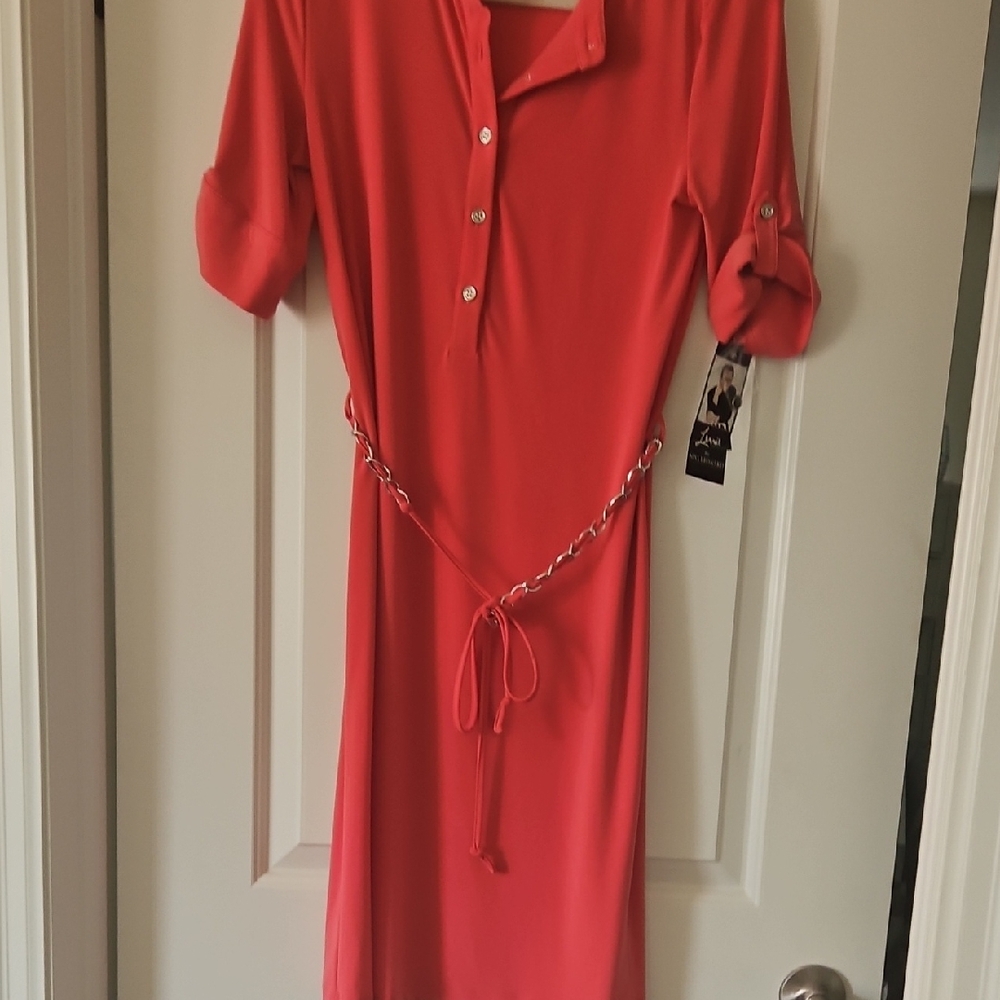 Nina Leonard Orange Pink Wrap Ruffled Midi Dress